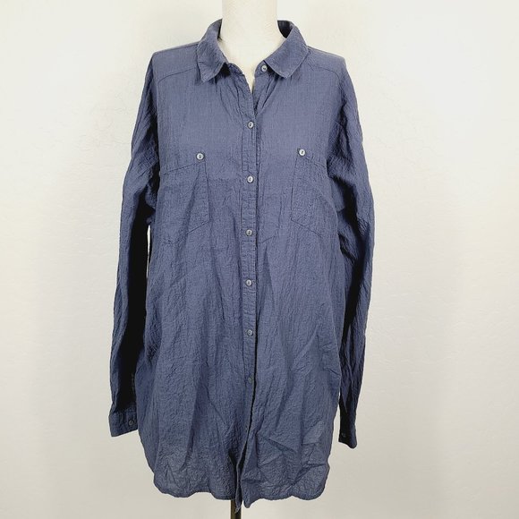 Free People Tunic Shirt M Blue Crinkle Button-Front Oversized Lightweight Blouse